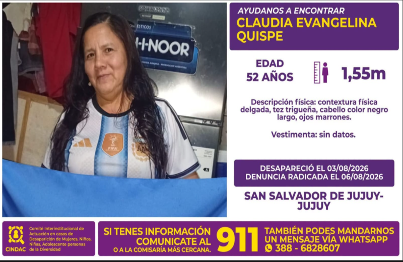 Buscan intensamente a Claudia Evangelina Quispe, desaparecida en San Salvador de Jujuy