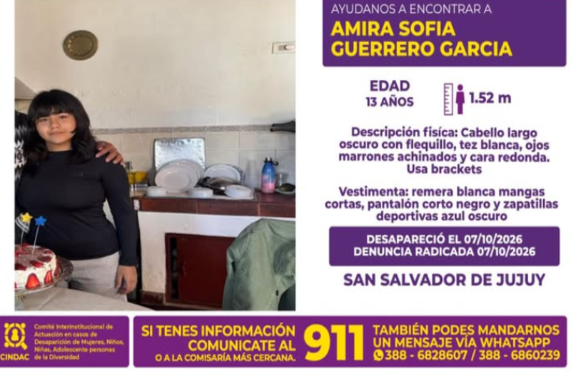 Buscan a una adolescente de 13 años desaparecida en San Salvador de Jujuy
