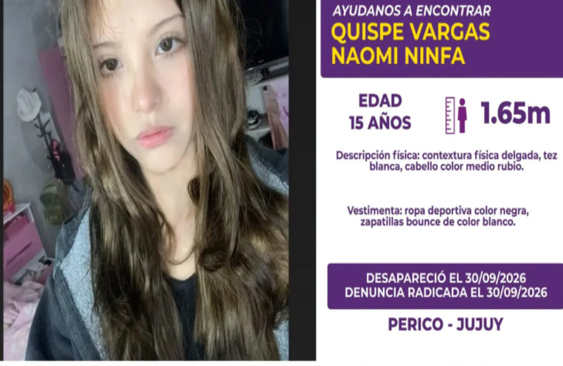 Intensifican la búsqueda de Naomi Quispe Vargas, la adolescente de 15 años desaparecida en Perico